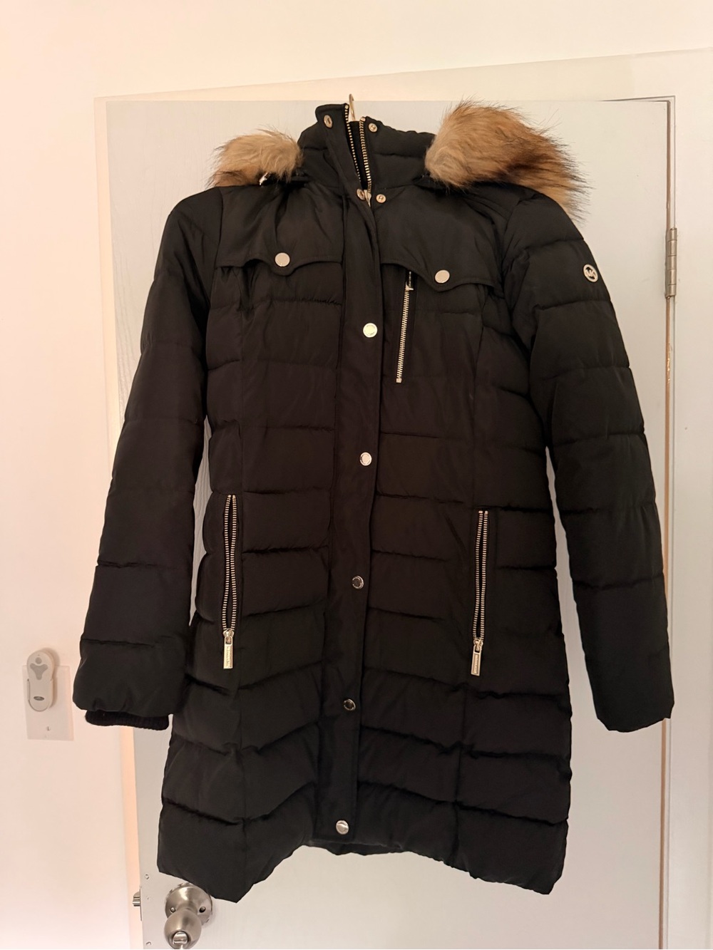 Michael Kors Black Quilted Puffer Coat with Faux Fur Trim